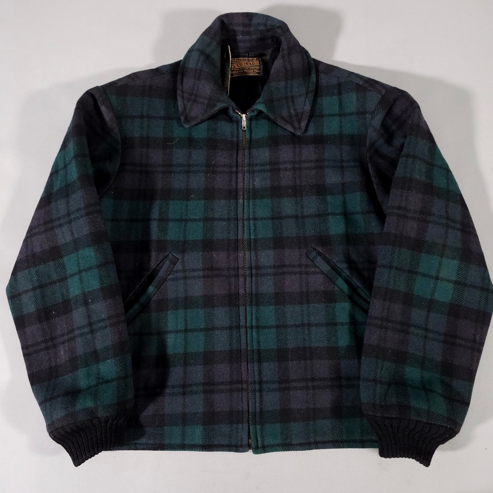Pendleton Wool Jacket Mens L Green Black Watch Plaid Vintage Zip Bomber Coat